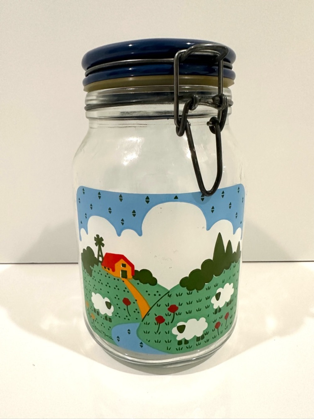 Vintage 9.5” Anchor Hocking Glass Canister 1982 Nina Farm Sheep Grass Jar